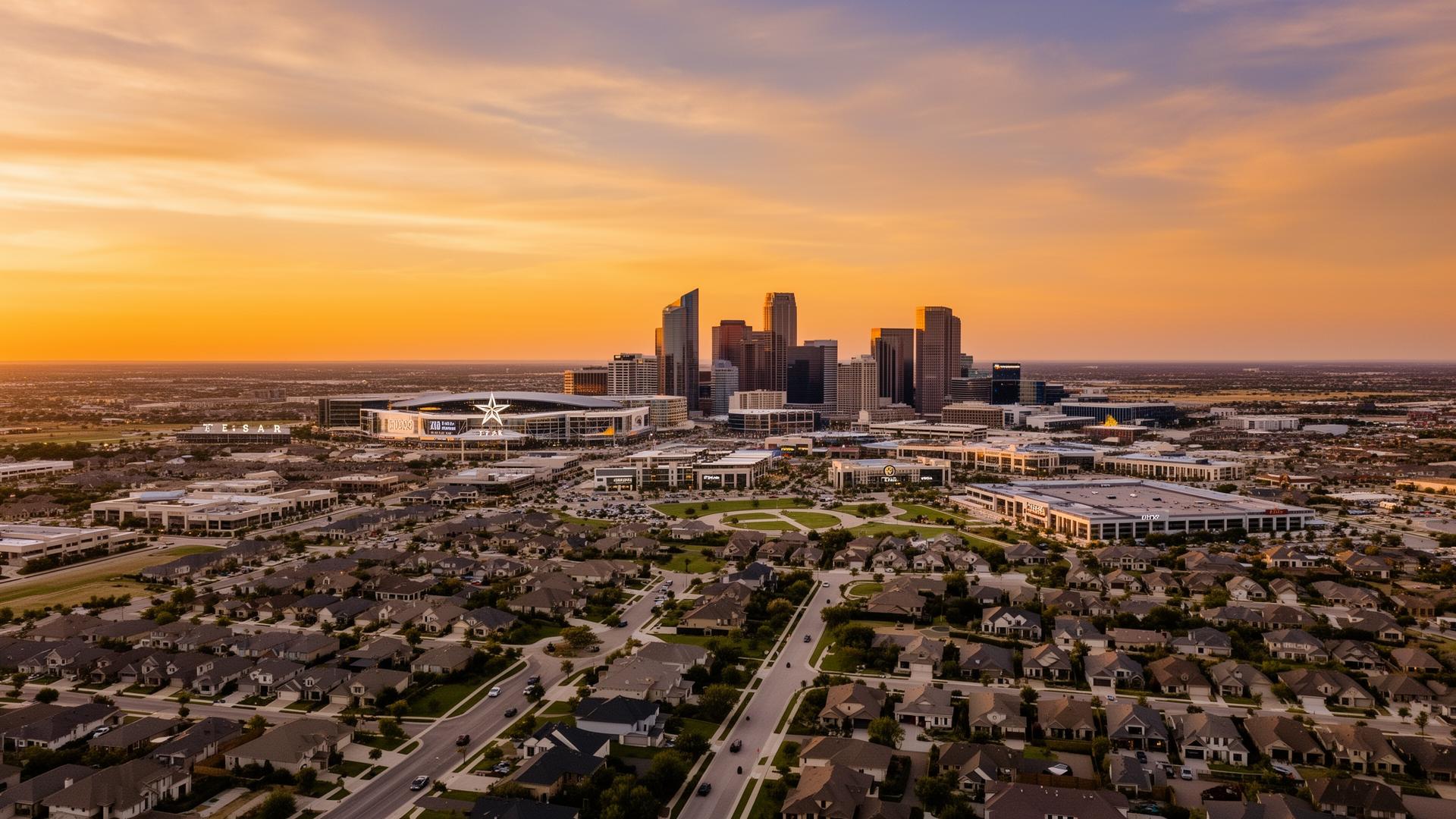 Dallas-Fort Worth skyline and homes at sunset